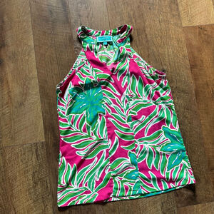 Women's Southern Frock Pink Green Leaf Print Halter Tank Top M
